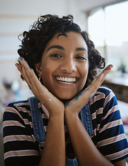 Image showing Face portrait, woman artist and creative with paint on hands after painting in art school. Creativity, smile and designer, painter and female Indian student learning in university studio workshop.