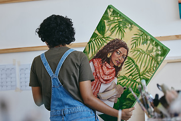 Image showing Painting, woman artist and hanging canvas wall for exhibition, expo sale and gallery auction in Paris. Creative student, painter and designer project, creativity and talent in studio academy workshop