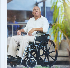 Image showing Senior man, healthcare and wheelchair in hospital surgery recovery, nursing home or Mexico wellness physiotherapy clinic. Thinking retirement elderly with insurance disability aid and medical support