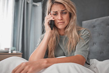 Image showing Sad, stress and woman with depression in a phone call conversation in her bedroom worried about a break up. Mental health, anxiety and depressed girl disappointed after listening to bad news at home