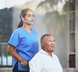 Image showing Nurse, caregiver or senior man in wheelchair in nursing home, hospital or clinic for surgery recovery or wellness physiotherapy. Thinking healthcare worker, retirement disability elderly or insurance