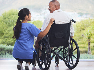 Image showing Healthcare, disability and man in wheelchair with nurse on retirement or nursing home patio. Senior care, happy disabled grandpa and woman caregiver with smile enjoying the view at hospital or clinic