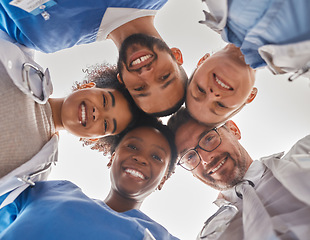 Image showing Team, diversity and doctors in circle from below, teamwork, support and help from hospital staff. Group of medical workers in huddle looking down head together. Teammates, men and women in healthcare