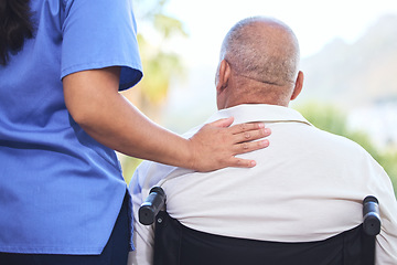 Image showing Homecare, nurse and wheelchair for disabled elderly man, with injury in spine or legs. Healthcare, disability and senior in nursing home for wellness, recovery and health in Cape Town after stroke