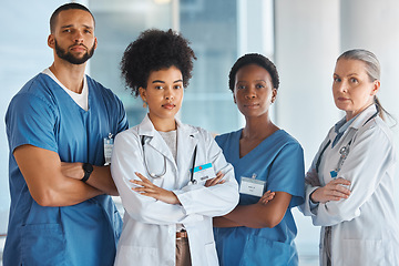 Image showing Diversity, teamwork and portrait of medical doctors standing in the hallway of the hospital. Collaboration, medicine and team of multiracial professional healthcare employees at a medicare clinic.