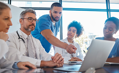 Image showing Medical, meeting and laptop for team in office in discussion, brainstorming and planning. Doctor, nurse and computer on desk show diversity in collaboration, teamwork or workshop for data analytics