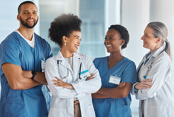 Image showing Doctors medical healthcare and happy team at work with smile for medicine portrait, diversity or teamwork in clinic. Trust, collaboration or insurance working with nurse, worker or hospital employees