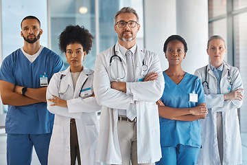 Image showing Doctors, nurses and team portrait in hospital, clinic or medical office. Diversity, health and healthcare professionals standing together arms crossed in confidence teamwork, collaboration or support