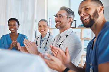 Image showing Doctors, nurses and teamwork collaboration clapping after medical presentation, healthcare meeting and hospital medicine success. Smile, happy and excited insurance men and women with winner gesture