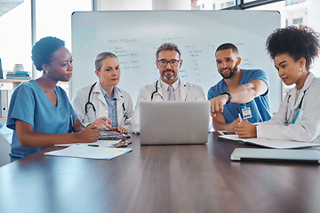 Image showing Hospital teamwork, laptop and healthcare planning, medical analytics and wellness collaboration of doctors, nurse and surgeon in meeting. Diversity, training or clinic workers consulting online tech