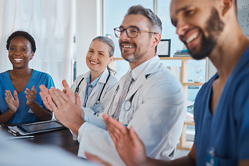 Image showing Doctor success, hands applause and medical workers happy and proud of teamwork in a meeting. Healthcare staff success and nurse team together with happiness about collaboration surgery in a hospital