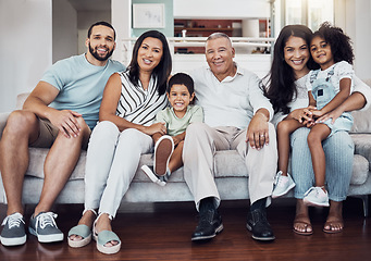 Image showing Portrait, family and on sofa with parents, grandparents and children happy and bonding at home in living room together. Man, woman and kids relax, smile and calm at house in lounge on couch for fun.