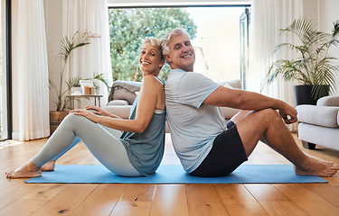 Image showing Health, senior couple and doing yoga, meditation and smile for wellness, fitness and workout on yoga mat together. Retirement, happy man and woman exercise, training and healthy in house on floor.