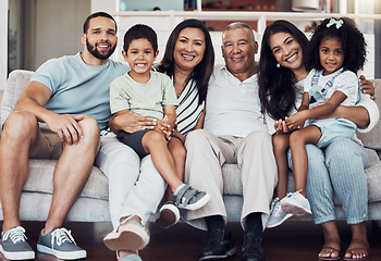 Image showing Big family portrait on sofa, home living room together in Mexico and happy afro latino girl sitting on mom lap. Senior grandparents love young children, proud father smile and generations happiness