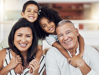 Image showing Portrait of happy kids, grandma and grandpa at home spending family time together. Grandparents babysitting girl and boy in Mexico. Senior man, woman and children, fun care and child development.