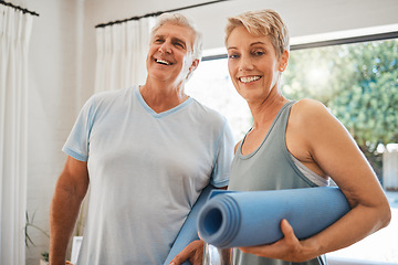 Image showing Workout portrait, fitness and senior couple training for health in the living room in the house together. Happy elderly man and woman with smile for exercise and meditation in the lounge of home