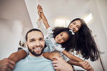 Image showing Relax, happy family and home portrait with child enjoying bonding leisure with Mexican parents. Love of caring mother and dad with excited daughter getting piggyback ride in Mexico house for fun.