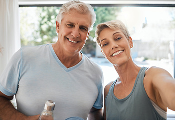 Image showing Selfie, fitness and workout senior couple training for wellness and joy exercise together in retirement. Healthy athlete, photo smile and happy running elderly man and woman runner love cardio sports