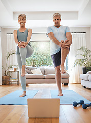 Image showing Mature couple, laptop and home yoga tutorial in house living room for body stretching, relax fitness workout and exercise training. Happy smile, zen woman and senior man with laptop for pilates class