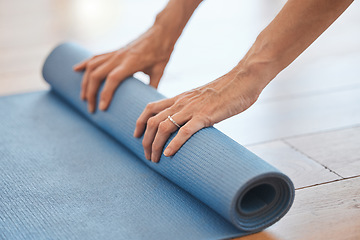 Image showing Hands, floor and yoga mat in relax fitness, workout and training in pilates, zen and peace studio. Zoom, woman and yogi ready for wellness meditation, holistic body exercise and chakra energy balance