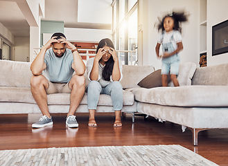 Image showing Tired parents, frustrated and active child being naughty and playful, adhd daughter playing by upset, stressed and depressed mother and father at home. Energy of girl kid jumping by man and woman