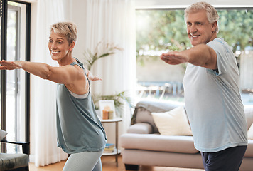 Image showing Yoga, fitness and senior couple doing home workout, training and wellness exercise in the living room together. Smile, old man and happy woman enjoying pilates and stretching in a healthy retirement