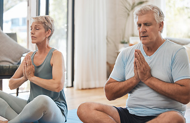 Image showing Meditation, pilates and senior yoga couple work on stress relief, fitness or chakra energy training. Retirement, namaste, and elderly man and woman meditating for peace, wellness or spiritual freedom