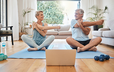 Image showing Stretching, happy morning and senior couple training with online workout in the living room of their house. Elderly man and woman doing warm up before fitness exercise with internet yoga on tech