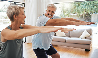 Image showing Fitness, retirement and couple squat in home for senior body wellness and vitality in Canada. Happy elderly people in marriage enjoy stretching workout to bond together in living room.