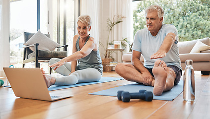 Image showing Meditation, senior couple and tutorial exercise for workout, training and health for wellness and relax at home. Retirement, man and woman streaming with laptop to do yoga, fitness and stretching.