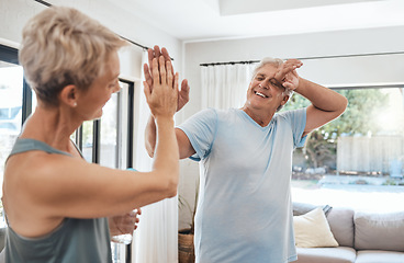 Image showing High five, fitness success and senior couple after home workout, exercise and training in house lockdown. Smile, happy or health motivation retirement elderly woman or tired woman sweating in pilates
