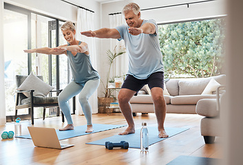 Image showing Yoga, online class and senior couple in living room, workout, zen and fitness in retirement for man and woman with laptop. Stretching, balance and old people exercise at home streaming pilates video.