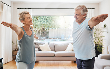 Image showing Yoga wellness in home, senior couple stretching muscles in living room and retirement wellness in Australia. Fitness training body together, healthy workout in lounge and happy relax in exercise pose