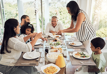 Image showing Lunch, eating food and big family in their Mexico home dining room table for summer reunion or quality time together. Puerto Rico mother, grandparents and children with chicken, salad and bread meal