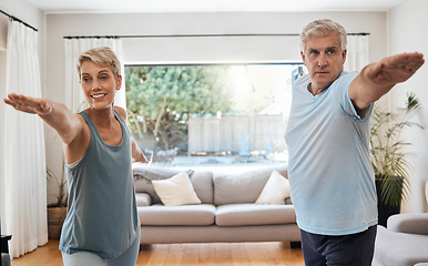 Image showing Yoga, workout and senior couple doing exercise in their home to keep active. Old woman and man doing fitness training in their living room. Healthy lifestyle, wellness and stretching after retirement