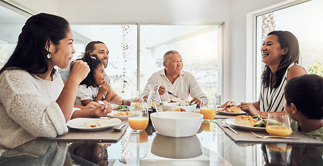 Image showing Family, grandparents and children eating breakfast together in the morning. Love, parents and kids bond over a meal sitting at a table with food. Conversation, talking and happy family in their home