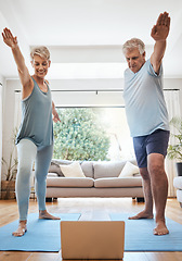 Image showing Yoga stretching, laptop and senior couple in a video call class for retirement wellness, workout motivation and pilates exercise in Dallas home. Healthy elderly people in cardio with online support