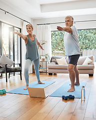 Image showing Senior couple do online yoga workout, home stretching and exercise old body in Dallas living room. Daily fitness together in retirement, happy healthy woman and man training from laptop technology
