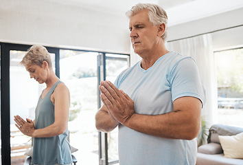 Image showing Fitness, meditation and senior couple doing pilates exercise for mind and body wellness in living room. Retirement, namaste and elderly man and woman with zen, calm and health lifestyle doing yoga.