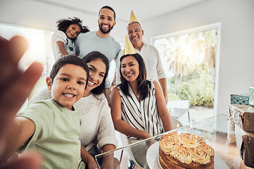 Image showing Happy birthday cake, selfie and big family celebration in home with portrait smile for memory or social media post. Puerto Rico people and children at grandparents retirement party with house dessert