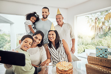 Image showing Big family and birthday party selfie on smartphone for happy bonding photograph memory in Mexico. Love, support and care of grandparents enjoying special celebration with children and relatives.