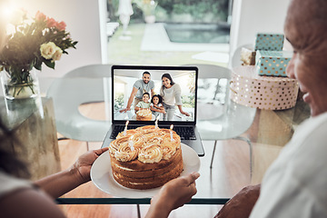 Image showing Video call, birthday and cake with a family on a laptop screen for celebration of a senior party at home. Candle, communication and love with an elderly man and woman on call with their relatives