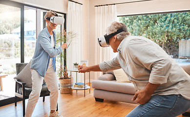 Image showing VR, gaming and metaverse with a senior couple playing a video game in their home for fun together. 3d, virtual reality and internet with an elderly gamer and his wife enjoying an immersive experience