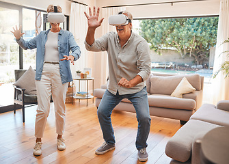 Image showing Retirement, vr and technology with couple and 3D gaming in the metaverse, internet or futuristic in living room. Virtual reality, creative and games with old man and woman at home with future headset