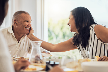 Image showing Couple, love and food with a woman and man eating during a family lunch or dinner in their home together. Happy, smile and retirement with a married husband and wife enjoying a meal in a dining room