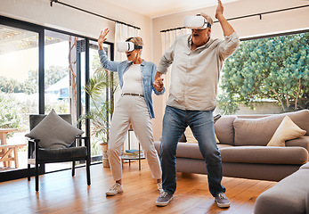 Image showing Vr dance, 3d and senior couple with games for creative, futuristic and comic happiness in the living room of the house. Elderly man and woman playing metaverse and digital dancing on technology