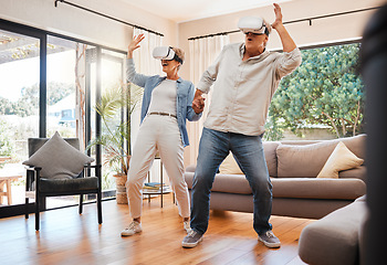 Image showing VR experience, senior couple and living room metaverse video games innovation, digital fantasy and cyber connection. Crazy man, happy woman and excited people with virtual reality futuristic glasses