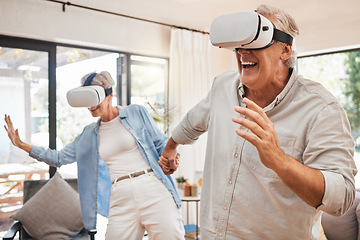 Image showing VR, 3d technology and senior couple with metaverse games in the living room of the house together. Happy, excited and comic elderly man and woman playing digital video entertainment in the lounge