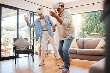 Image showing Virtual reality, senior couple and 3d video game experience or digital gaming in living room home. Metaverse, futuristic technology of excited elderly people walk in ai simulation, online vr software