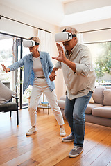 Image showing Metaverse, gaming and elderly couple with a futuristic virtual reality headset to experience a digital game at home. Future, old man and elderly woman enjoying a 3d vr game in the house living room